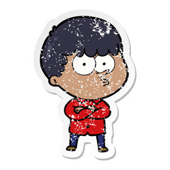 distressed sticker of a cartoon curious boy