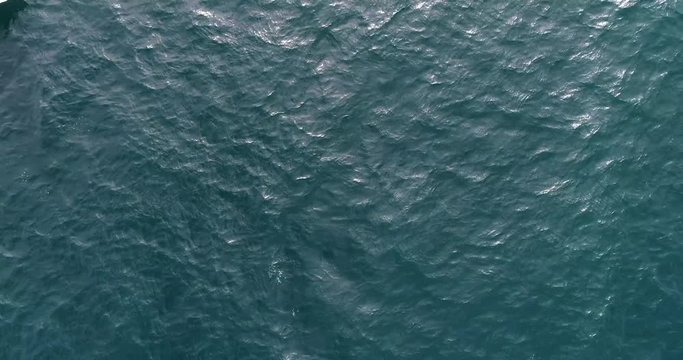 Drone zenital zoom in image of white boat sailing in the ocean. People walk around inside the boat. The boat sails out of the frame. Video recorded in Esp&iacute;rito Santo, Southeastern Brazil.