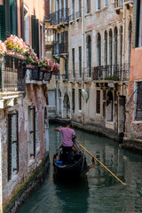 Obraz na płótnie Canvas Italy, Venice, Gondolier navigating a gondola near San Moise on a canal