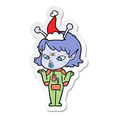 pretty sticker cartoon of a alien girl wearing santa hat