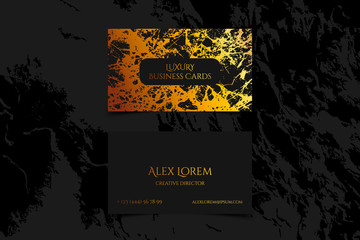 Naklejka na ściany i meble Luxury business card with marble texture and gold detail vector template, banner or invitation with golden foil on black background. Branding and identity graphic design.