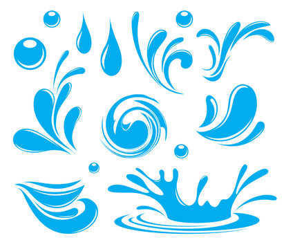 Water. Splash and spray. Set. Vector image.