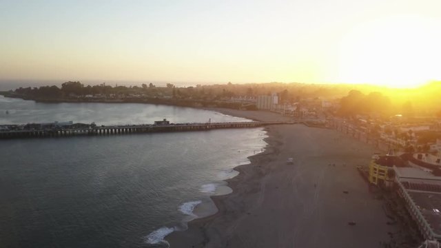Aerial, view of beach in Santa Cruz, California at sunset