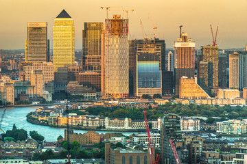  UK, London; October 2018; Panoramic view of office buildings in Canary Wharf at sunset
