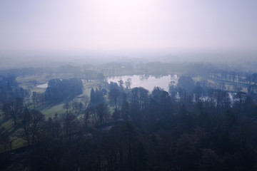 aerial view of  foggy Spring countryside ,Northern Ireland