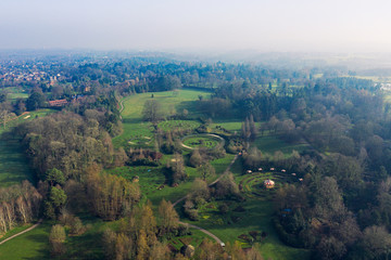Fototapeta na wymiar aerial view of morning of Spring countryside rose park,Northern Ireland