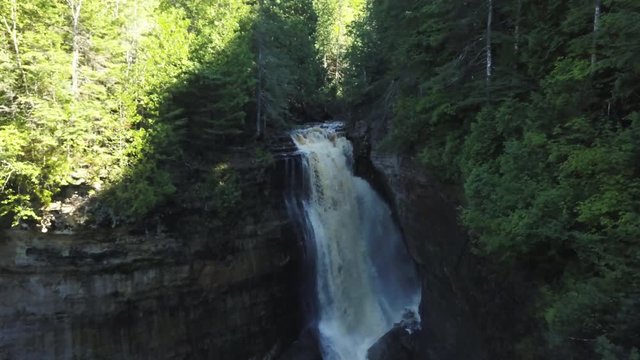 Aerial, Miners Falls in Michigan forest
