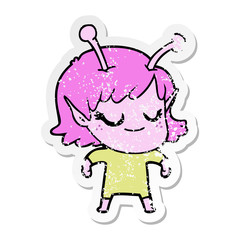 distressed sticker of a smiling alien girl cartoon