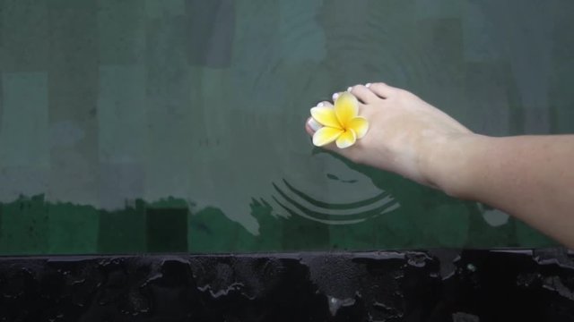 Foot of the young woman with a yellow frangipani touching the water surface.