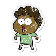 distressed sticker of a cartoon happy man