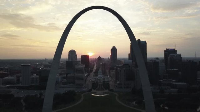 The St Louis Arch in Missouri at sunset, aerial