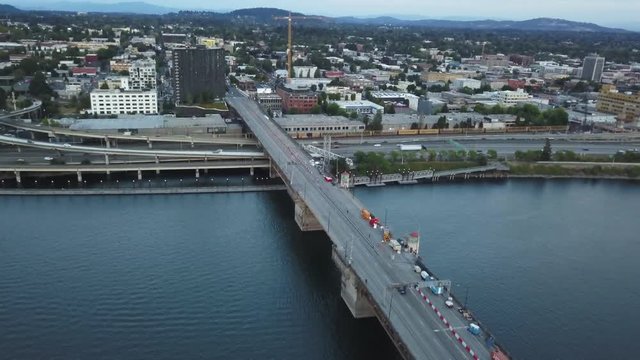 Traffic flows by the water in Portland, Oregon, aerial