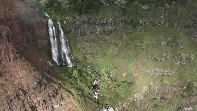 Aerial, Waipoo Falls at Wamiea Canyon State Park in Hawaii
