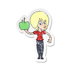 retro distressed sticker of a cartoon woman holding apple