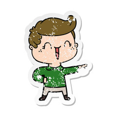 distressed sticker of a cartoon laughing boy pointing