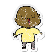 distressed sticker of a happy cartoon bald man