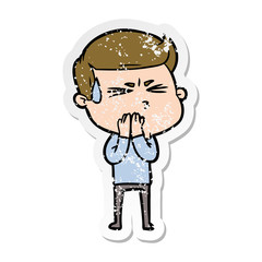 distressed sticker of a cartoon man sweating
