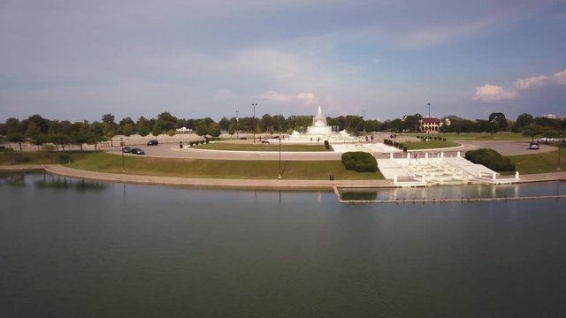 Wide aerial, James Scott Memorial Fountain in Detroit, Michigan