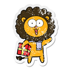 distressed sticker of a happy cartoon lion