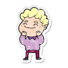 distressed sticker of a cartoon friendly man
