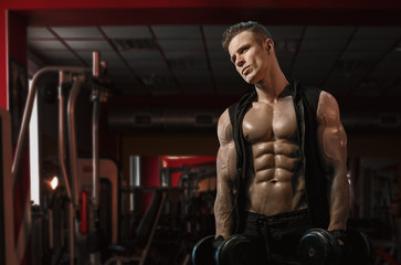 Fototapeta na wymiar Muscular model sports young man exercising in gym with dumbbell. Portrait of sporty healthy strong muscle. Fitness trainer. Sport workout bodybuilding motivation concept. Sexy torso.
