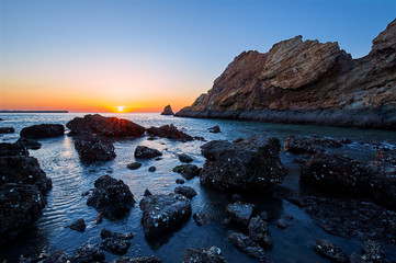 The landscape of coast sunrise of Dalian Bay, China.