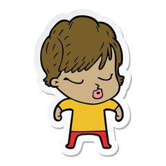 sticker of a cartoon woman with eyes shut