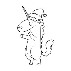 line drawing of a unicorn wearing santa hat