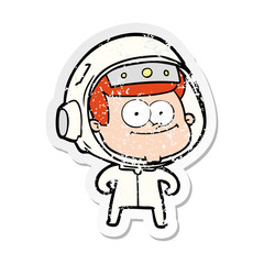 distressed sticker of a happy astronaut cartoon