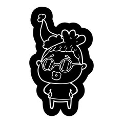 cartoon icon of a librarian woman wearing spectacles wearing santa hat