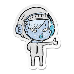 distressed sticker of a cartoon astronaut woman