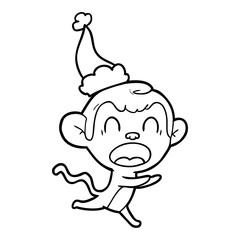 shouting line drawing of a monkey wearing santa hat