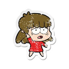 distressed sticker of a cartoon tired woman waving