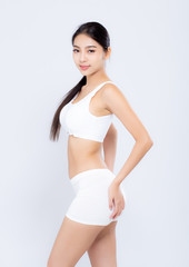 Fototapeta premium Portrait young asian woman smiling beautiful body diet with fit isolated on white background, model girl weight slim with cellulite or calories, health and wellness concept.