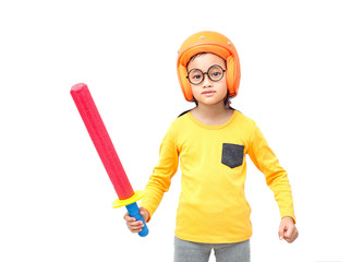Little girl wear helmet and holding toy sword