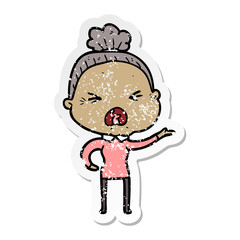 distressed sticker of a cartoon angry old woman