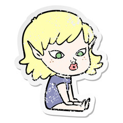 distressed sticker of a pretty cartoon elf girl