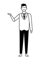 businessman with hand open cartoon in black and white