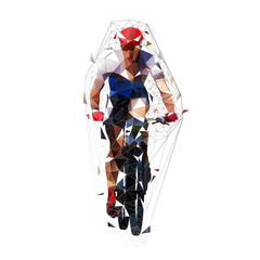 Mountain cycling, low polygonal  mtb biker, isolated geometric vector illustration. Front view