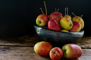 still life of apples in black clay bowl