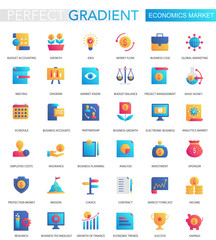 Vector set of trendy flat gradient Economics market icons.