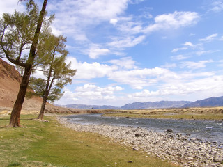 Mongolian natural landscapes surrounded by mountains and rocks