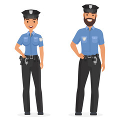 Two young happy police officers, man and woman isolated cartoon vector illustration.