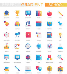 Vector set of trendy flat gradient School education icons.