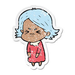 distressed sticker of a cartoon angry woman