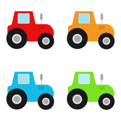 Tractors. Agronomy. Set of multicolored tractors. White background. Vector illustration. EPS 10.