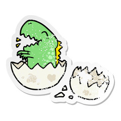 distressed sticker of a cartoon dinosaur hatching
