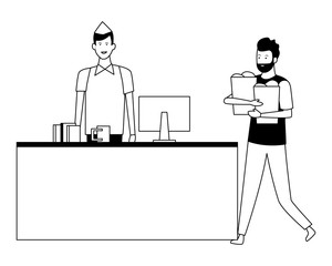 supermarket cashier and customers with shopping bags in black and white