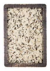 Wooden box of raw organic basmati long grain and wild rice on white background. Healthy food.