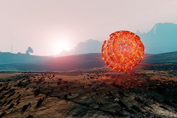 Landscape of Mars, floating red sphere, distant space base radar © Artur Furmanek